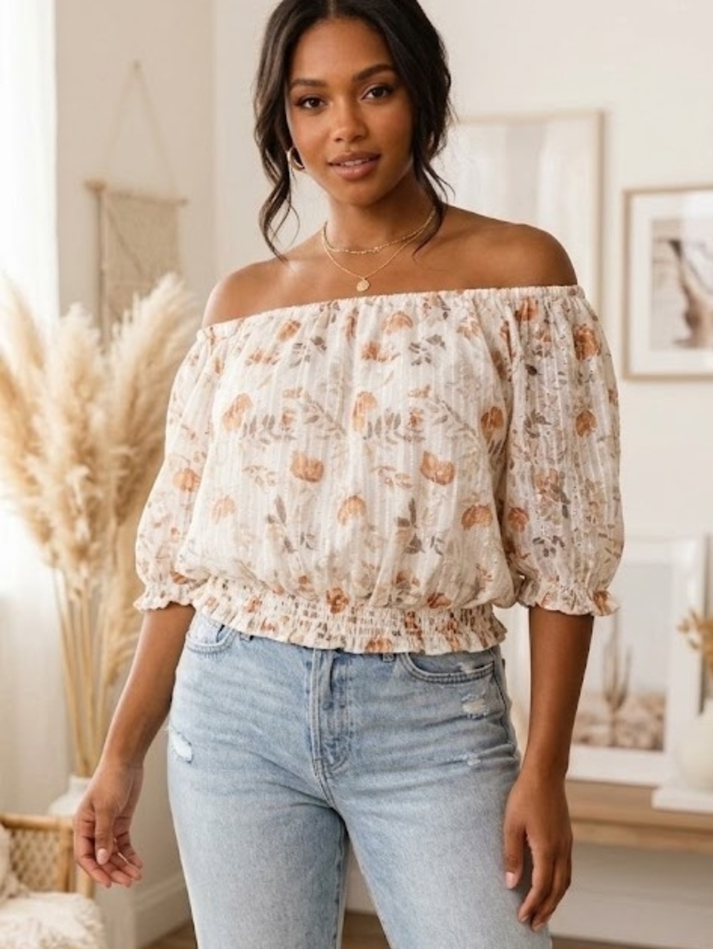 Solitaire Off-Shoulder Floral Smocked Hem Top - Cream & Tan